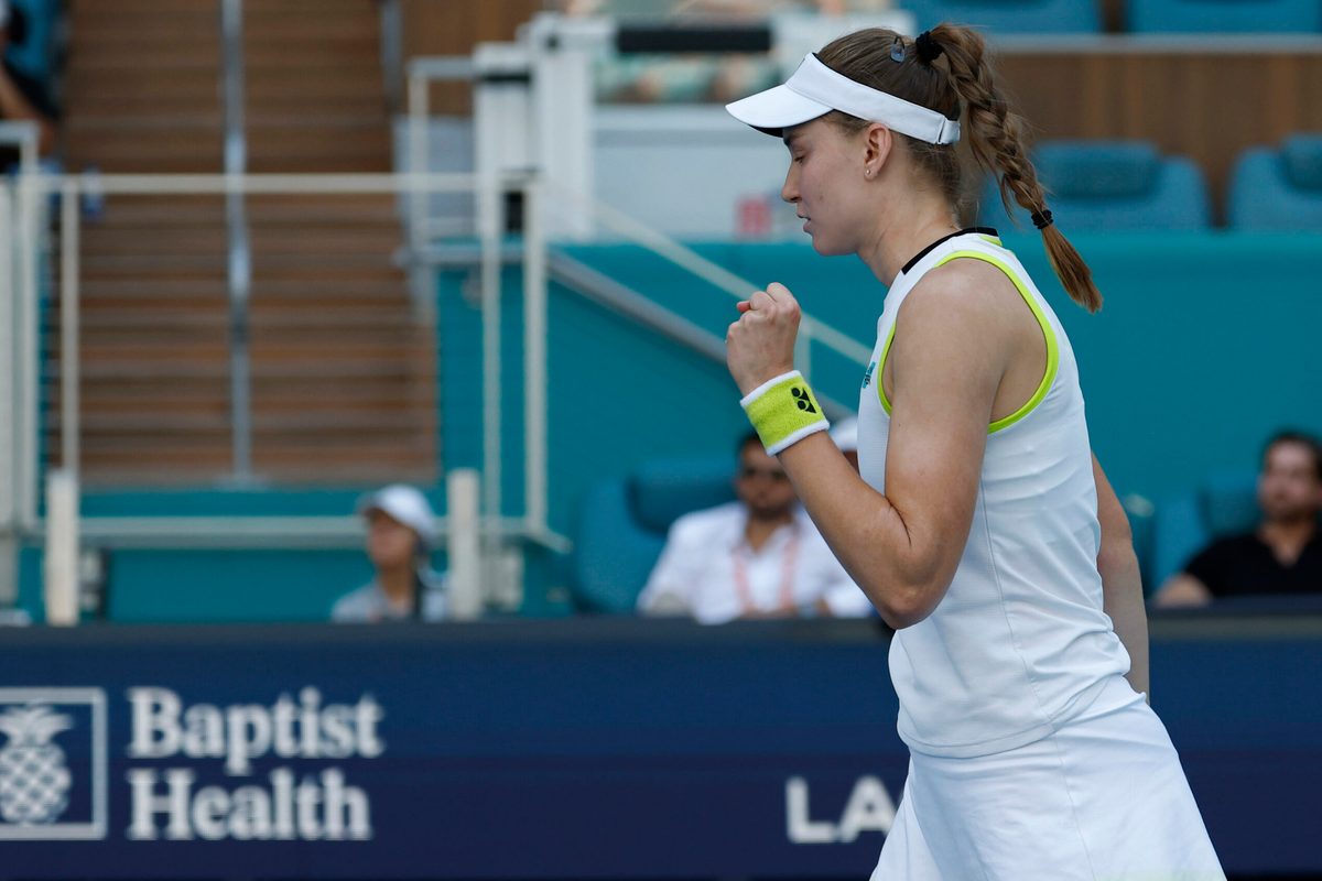 Mar 25, 2026; Miami Gardens, FL, USA; Elena Rybakina (KAZ) celebrates after match point against Jessica Pegula (USA) (not pictured) on day nine of the 2026 Miami Open at Hard Rock Stadium. Mandatory Credit: Geoff Burke-Imagn Images