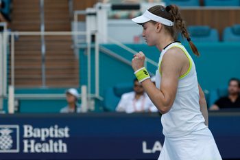 Mar 25, 2026; Miami Gardens, FL, USA; Elena Rybakina (KAZ) celebrates after match point against Jessica Pegula (USA) (not pictured) on day nine of the 2026 Miami Open at Hard Rock Stadium. Mandatory Credit: Geoff Burke-Imagn Images