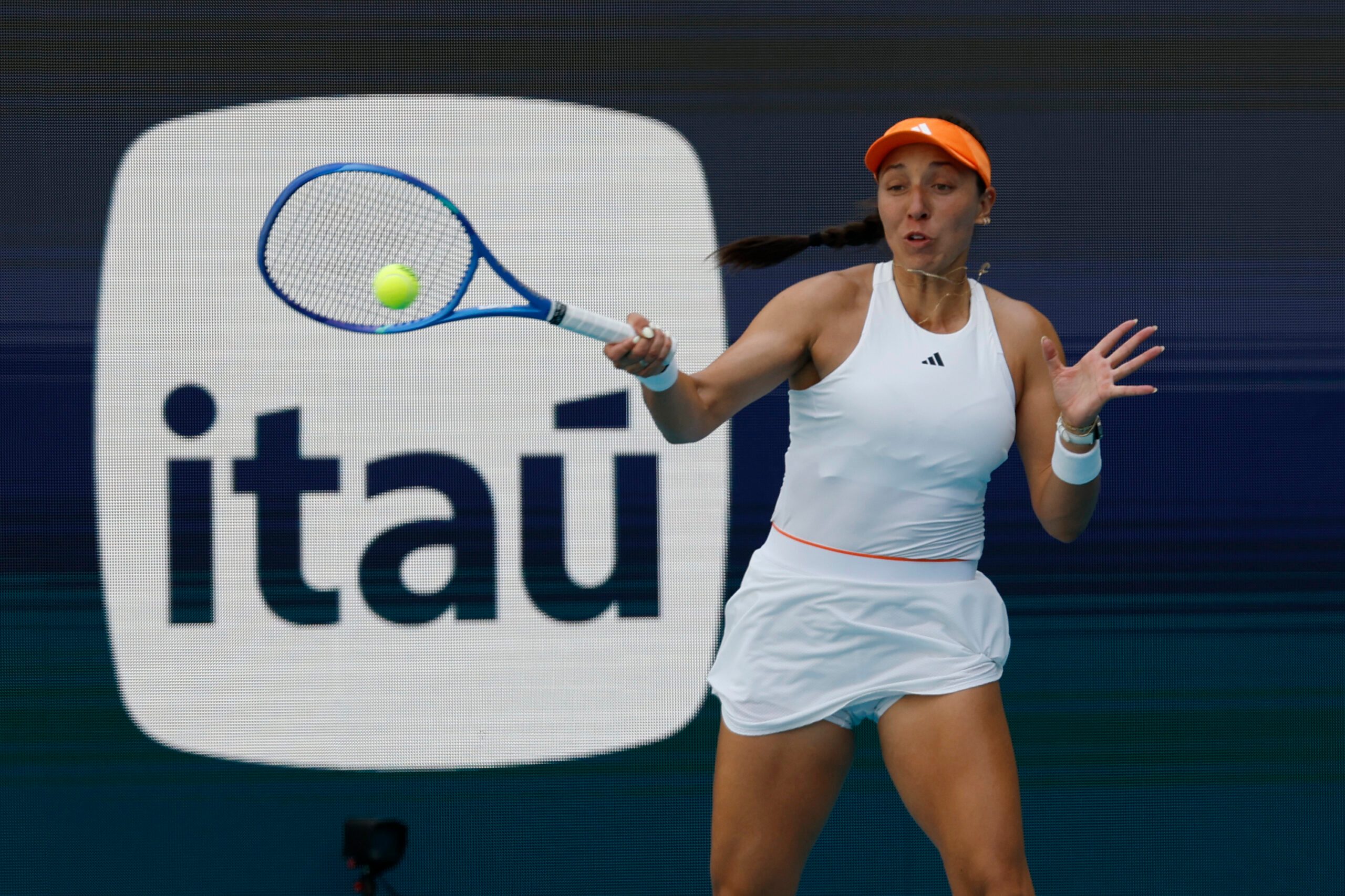 Mar 25, 2026; Miami Gardens, FL, USA; Jessica Pegula (USA) hits a forehand against Elena Rybakina (KAZ) (not pictured) on day nine of the 2026 Miami Open at Hard Rock Stadium. Mandatory Credit: Geoff Burke-Imagn Images
