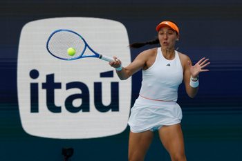 Mar 25, 2026; Miami Gardens, FL, USA; Jessica Pegula (USA) hits a forehand against Elena Rybakina (KAZ) (not pictured) on day nine of the 2026 Miami Open at Hard Rock Stadium. Mandatory Credit: Geoff Burke-Imagn Images