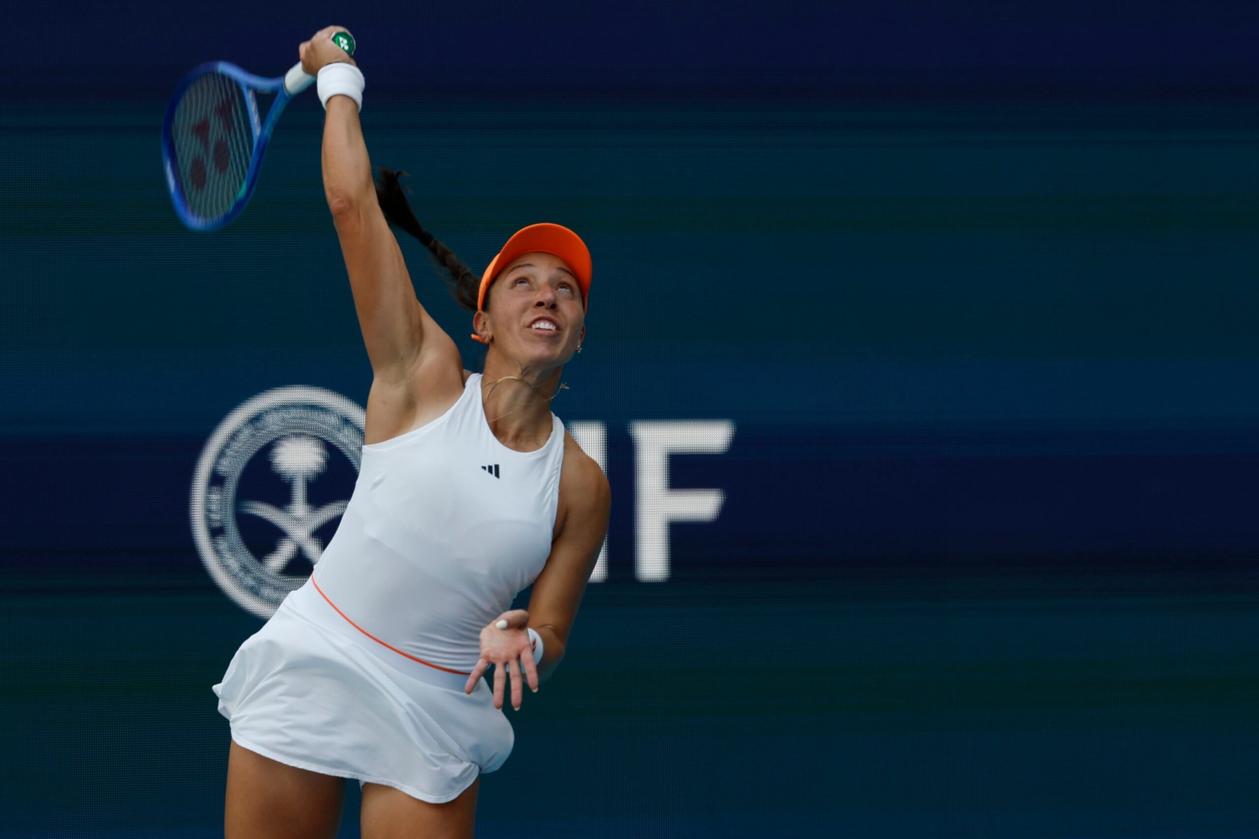 Mar 25, 2026; Miami Gardens, FL, USA; Jessica Pegula (USA) serves against Elena Rybakina (KAZ) (not pictured) on day nine of the 2026 Miami Open at Hard Rock Stadium. Mandatory Credit: Geoff Burke-Imagn Images