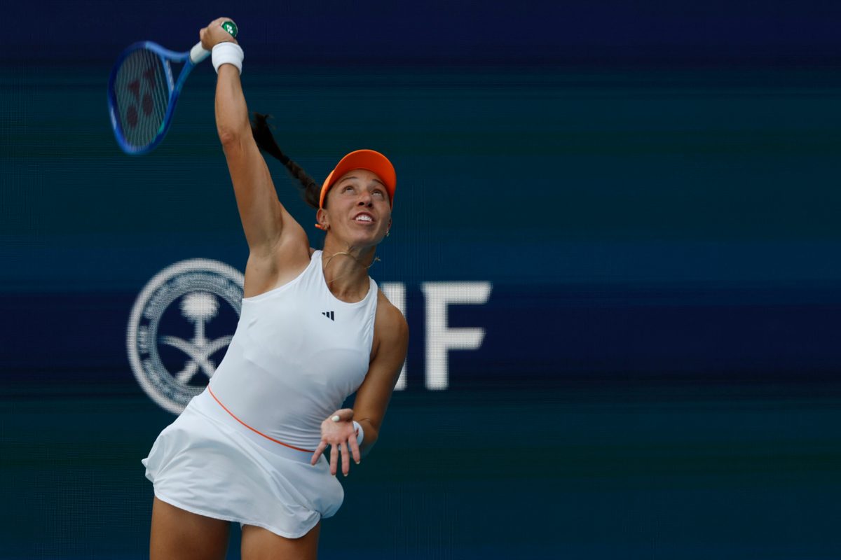 Mar 25, 2026; Miami Gardens, FL, USA; Jessica Pegula (USA) serves against Elena Rybakina (KAZ) (not pictured) on day nine of the 2026 Miami Open at Hard Rock Stadium. Mandatory Credit: Geoff Burke-Imagn Images