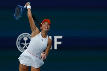 Mar 25, 2026; Miami Gardens, FL, USA; Jessica Pegula (USA) serves against Elena Rybakina (KAZ) (not pictured) on day nine of the 2026 Miami Open at Hard Rock Stadium. Mandatory Credit: Geoff Burke-Imagn Images