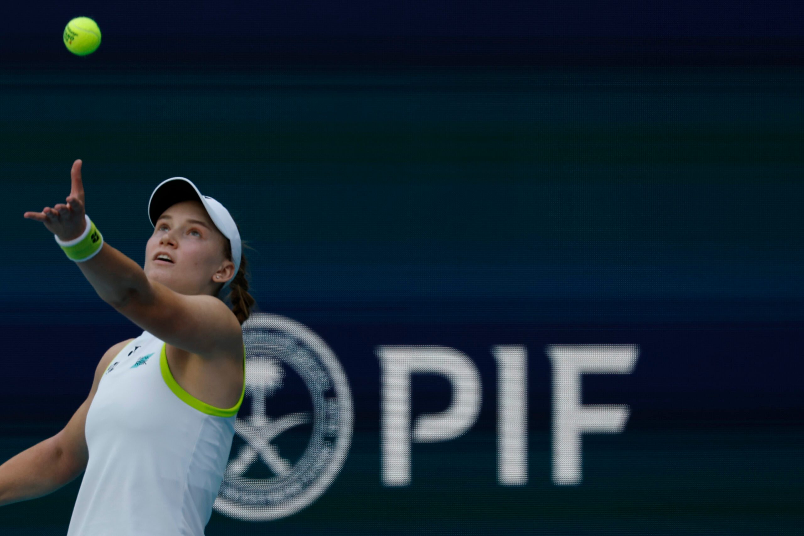 Mar 25, 2026; Miami Gardens, FL, USA; Elena Rybakina (KAZ) serves against Jessica Pegula (USA) (not pictured) on day nine of the 2026 Miami Open at Hard Rock Stadium. Mandatory Credit: Geoff Burke-Imagn Images