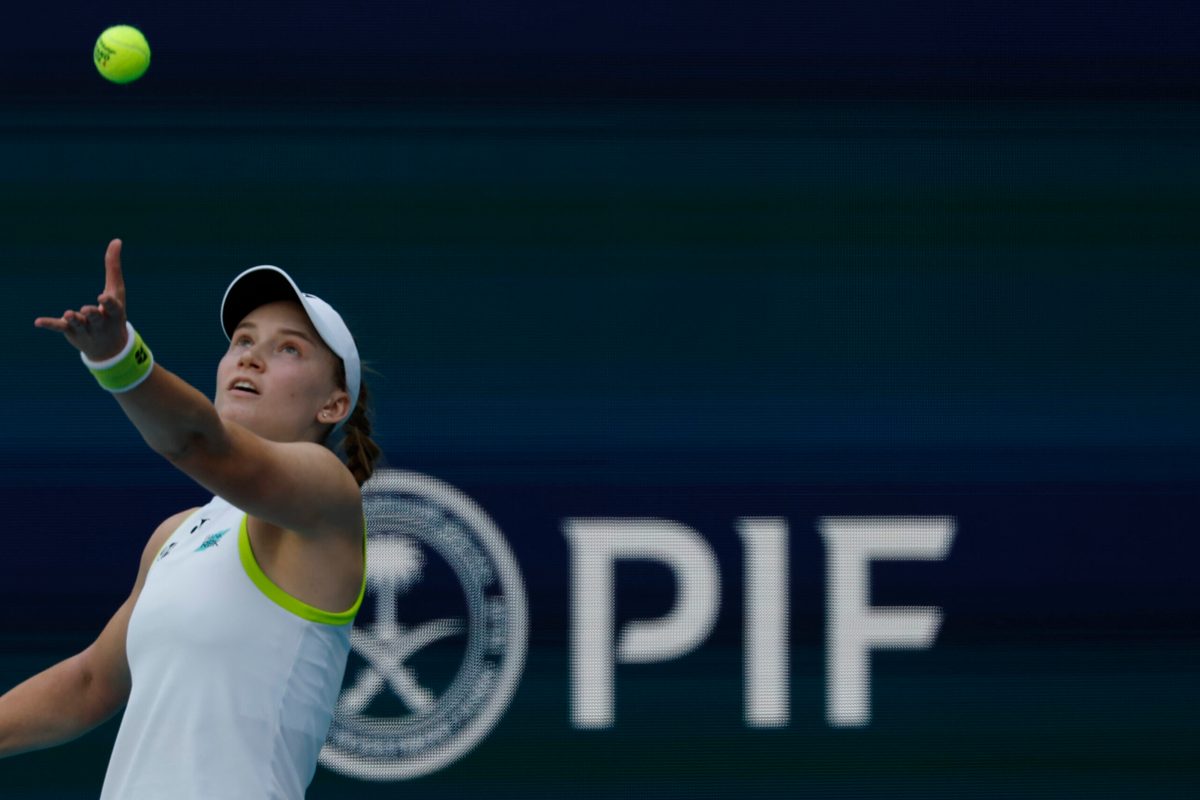 Mar 25, 2026; Miami Gardens, FL, USA; Elena Rybakina (KAZ) serves against Jessica Pegula (USA) (not pictured) on day nine of the 2026 Miami Open at Hard Rock Stadium. Mandatory Credit: Geoff Burke-Imagn Images