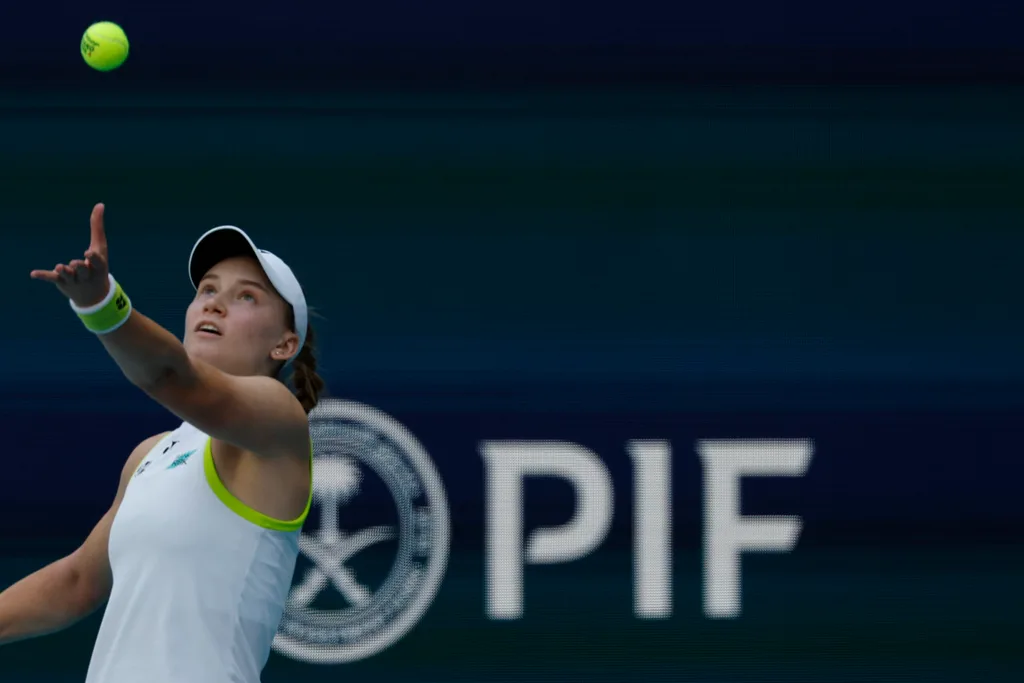 Mar 25, 2026; Miami Gardens, FL, USA; Elena Rybakina (KAZ) serves against Jessica Pegula (USA) (not pictured) on day nine of the 2026 Miami Open at Hard Rock Stadium. Mandatory Credit: Geoff Burke-Imagn Images