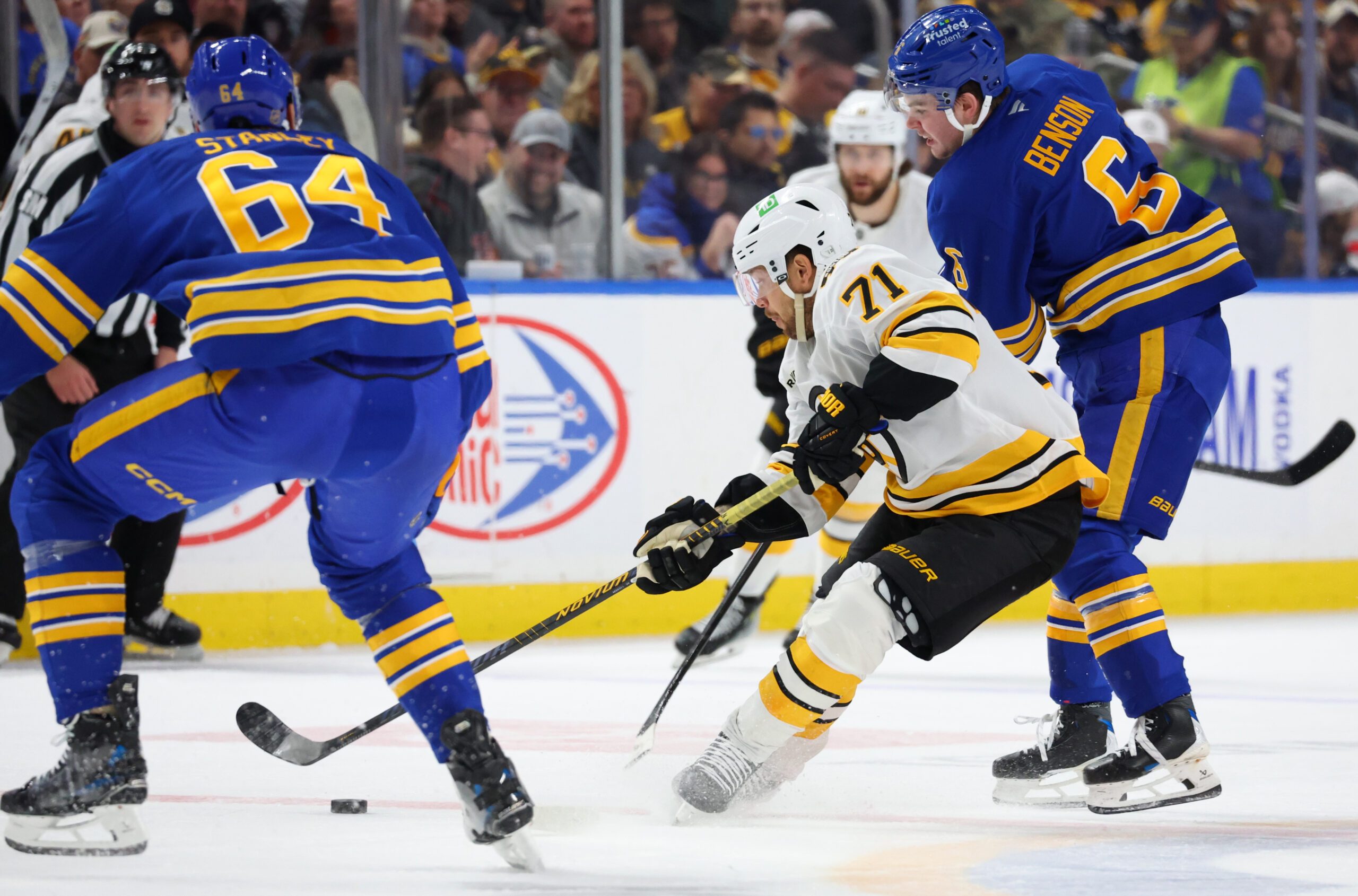 Mar 25, 2026; Buffalo, New York, USA;  Boston Bruins left wing Viktor Arvidsson (71) controls the puck as Buffalo Sabres left wing Zach Benson (6) defends during the first period at KeyBank Center. Mandatory Credit: Timothy T. Ludwig-Imagn Images