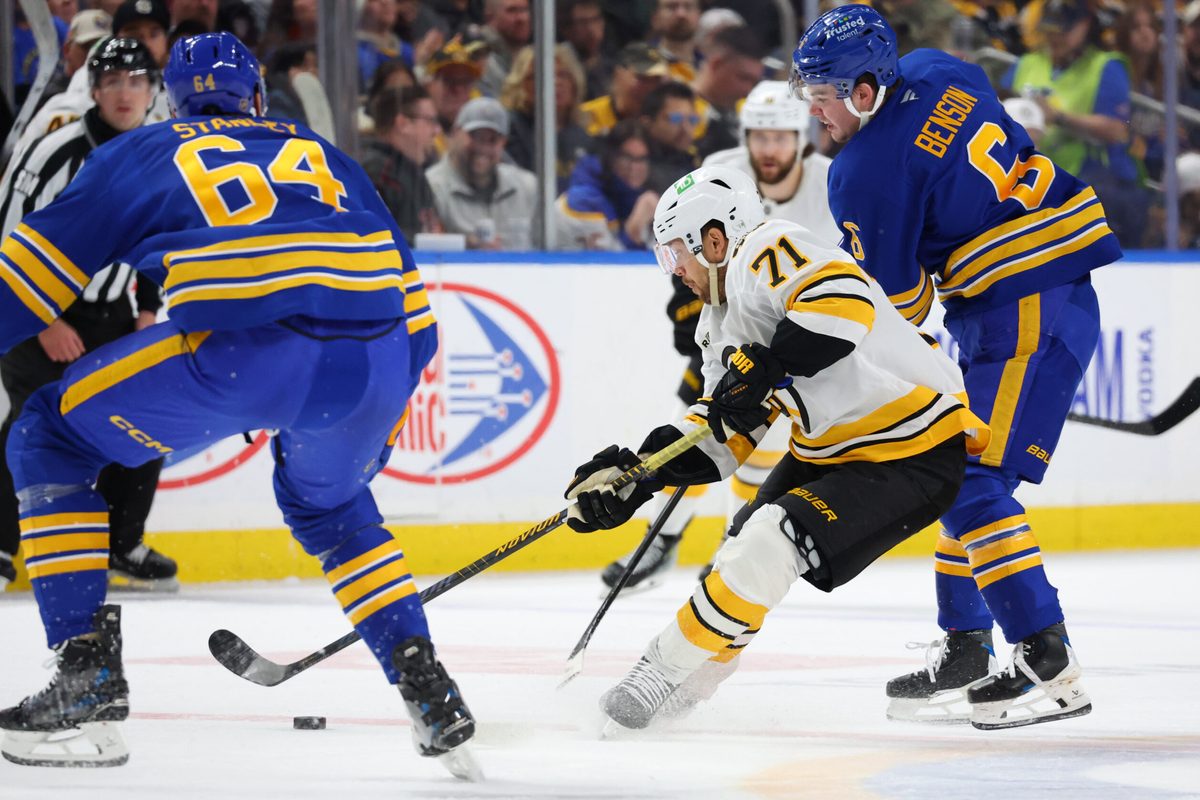Mar 25, 2026; Buffalo, New York, USA;  Boston Bruins left wing Viktor Arvidsson (71) controls the puck as Buffalo Sabres left wing Zach Benson (6) defends during the first period at KeyBank Center. Mandatory Credit: Timothy T. Ludwig-Imagn Images