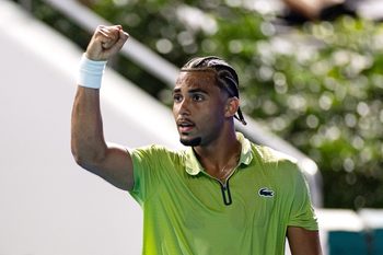 Mar 25, 2026; Miami Gardens, FL, USA;  Arthur Fils of France celebrates during his match against Tommy Paul of the United States in the quarter finals of the men’s singles at the Miami Open at Hard Rock Stadium. Mandatory Credit: Mike Frey-Imagn Images