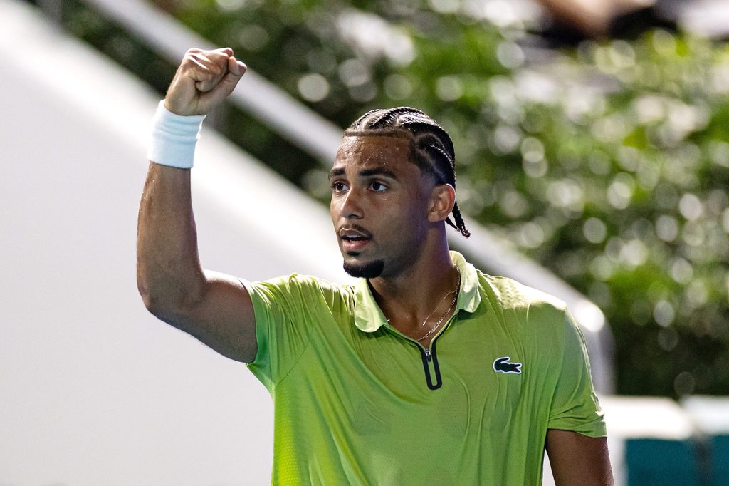 Mar 25, 2026; Miami Gardens, FL, USA; Arthur Fils of France celebrates during his match against Tommy Paul of the United States in the quarter finals of the men’s singles at the Miami Open at Hard Rock Stadium. Mandatory Credit: Mike Frey-Imagn Images