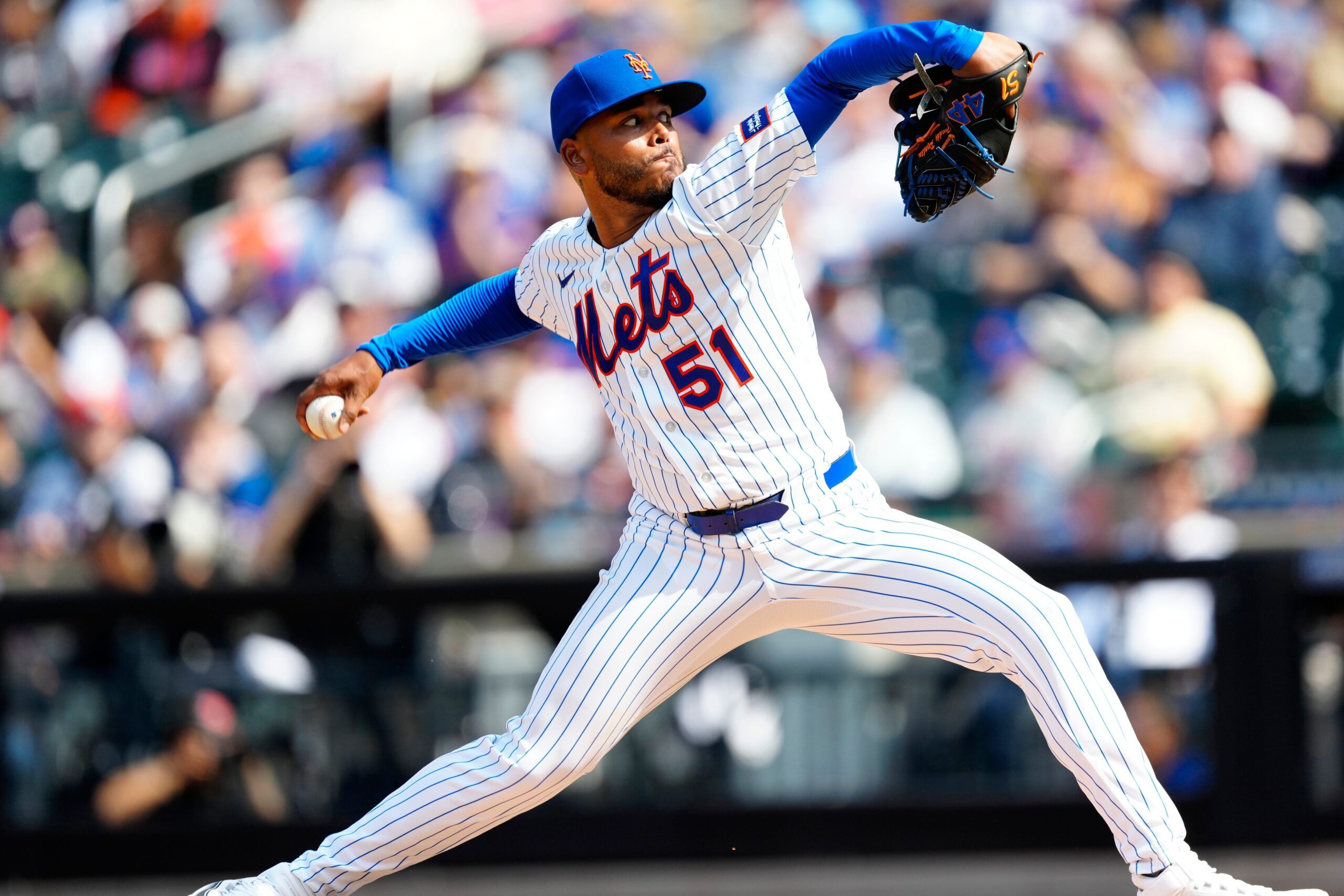 New York Mets pitcher Freddy Peralta (51) pitches against the Pirates in the fourth inning, Thursday, March 26, 2026.