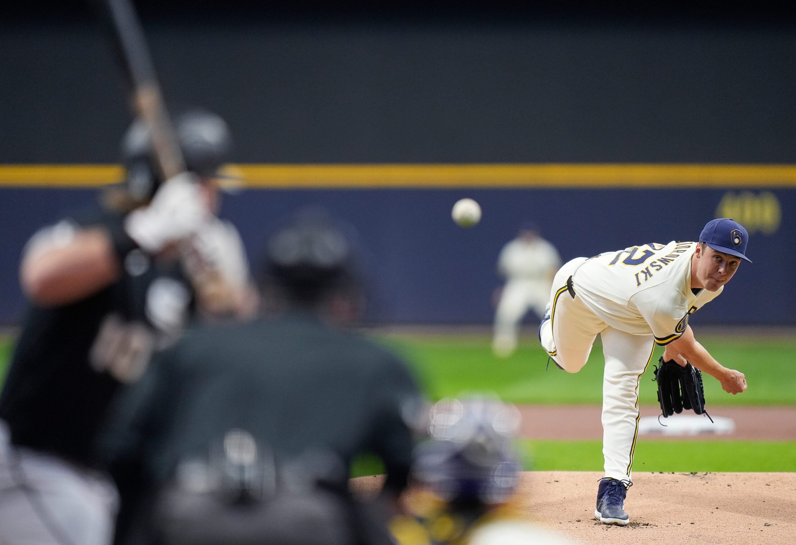 Milwaukee Brewers starting pitcher Jacob Misiorowski pitches against Chicago White Sox shortstop Chase Meidroth during the first inning of the Opening Day game against the Chicago White Sox on Thursday, March 26, 2026 at American Family Field in Milwaukee, Wisconsin.