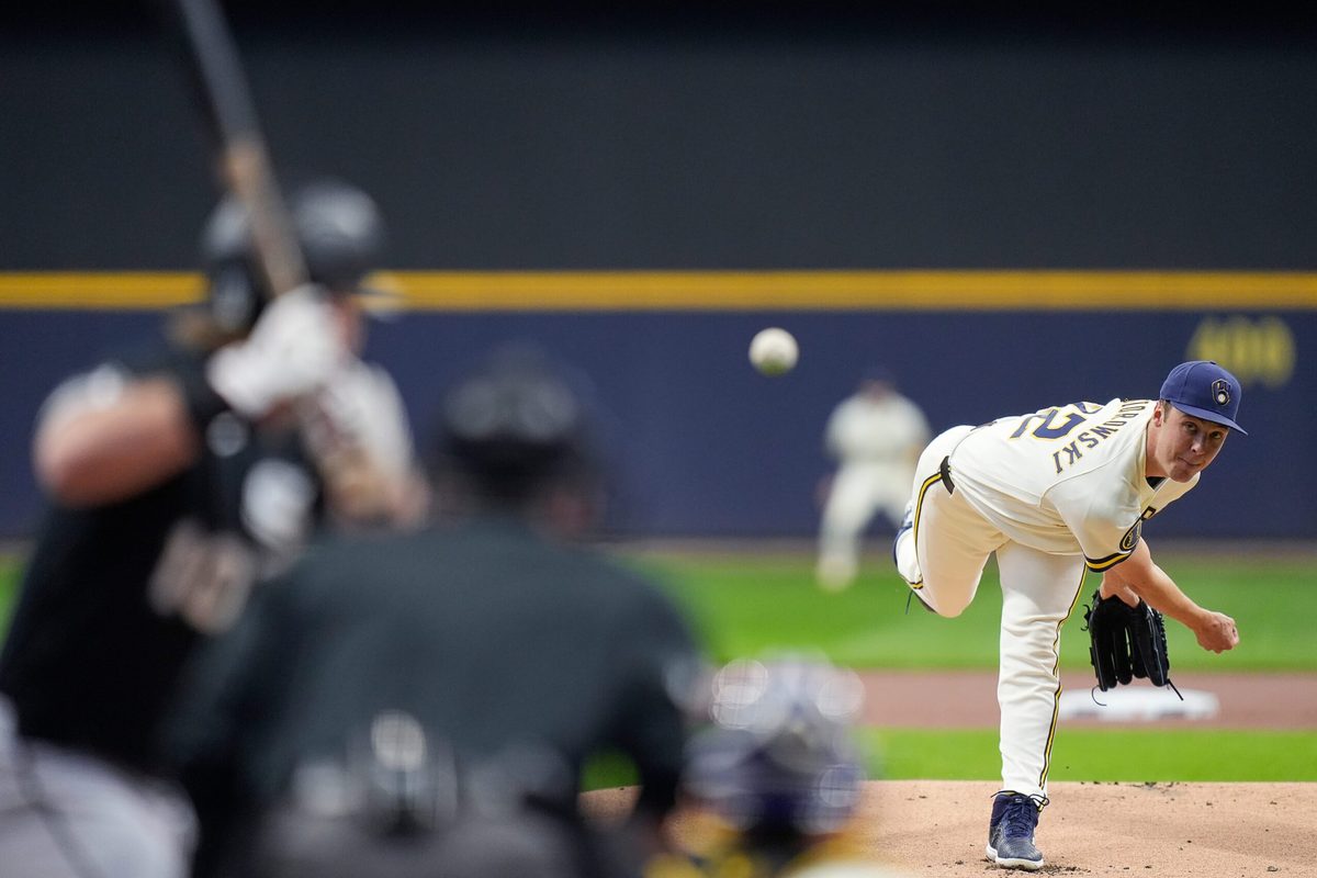Milwaukee Brewers starting pitcher Jacob Misiorowski pitches against Chicago White Sox shortstop Chase Meidroth during the first inning of the Opening Day game against the Chicago White Sox on Thursday, March 26, 2026 at American Family Field in Milwaukee, Wisconsin.