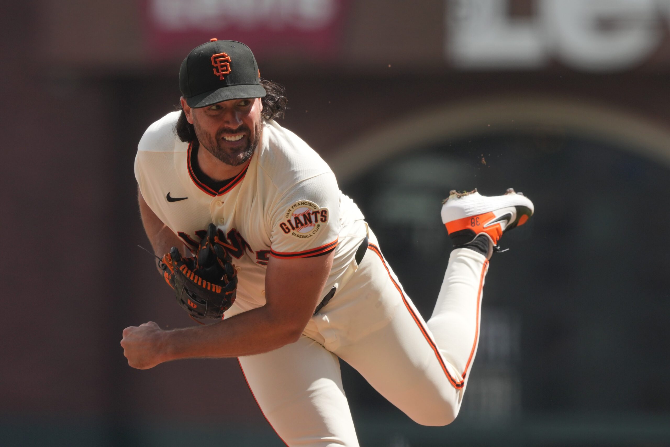 Mar 27, 2026; San Francisco, California, USA; San Francisco Giants starting pitcher Robbie Ray (38) throws a pitch against the New York Yankees during the first inning at Oracle Park. Mandatory Credit: Darren Yamashita-Imagn Images