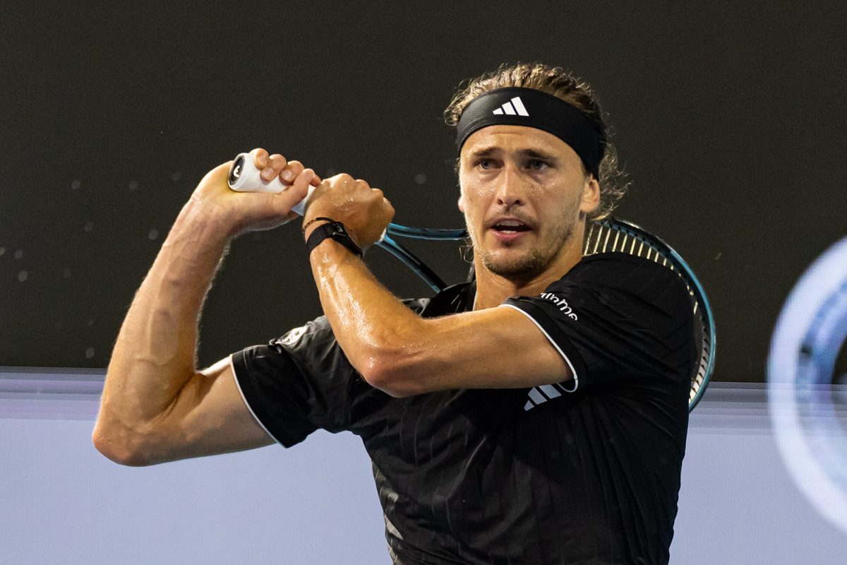 Mar 27, 2026; Miami Gardens, FL, USA; Alexander Zverev of Germany hits a backhand against Jannik Sinner of Italy in the semi-finals of the men’s singles at the Miami Open at the Hard Rock Stadium. Mandatory Credit: Mike Frey-Imagn Images