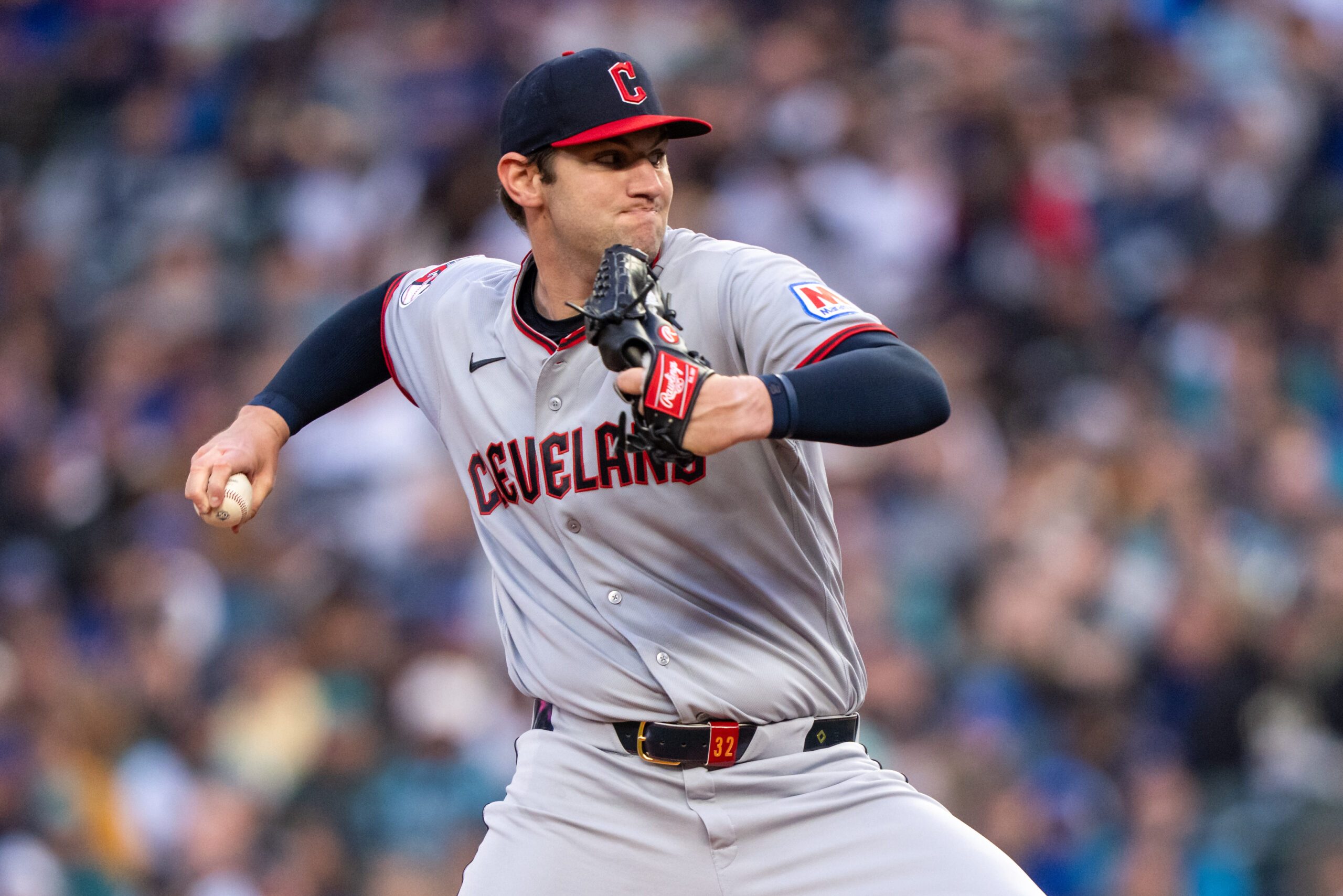Mar 27, 2026; Seattle, Washington, USA; Cleveland Guardians starter Gavin Williams (32) delivers a pitch during the first inning against the Seattle Mariners at T-Mobile Park. Mandatory Credit: Stephen Brashear-Imagn Images