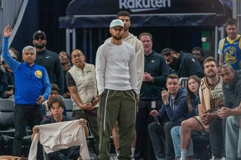 Mar 27, 2026; San Francisco, California, USA; Golden State Warriors guard Stephen Curry (30) watches against the Washington Wizards during the fourth quarter at Chase Center. Mandatory Credit: Neville E. Guard-Imagn Images