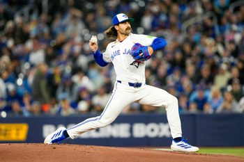 Mar 28, 2026; Toronto, Ontario, CAN;  Toronto Blue Jays pitcher Dylan Cease (84) pitches to the Athletics during the first inning at Rogers Centre. Mandatory Credit: Kevin Sousa-Imagn Images