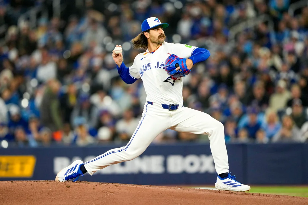 Mar 28, 2026; Toronto, Ontario, CAN; Toronto Blue Jays pitcher Dylan Cease (84) pitches to the Athletics during the first inning at Rogers Centre. Mandatory Credit: Kevin Sousa-Imagn Images