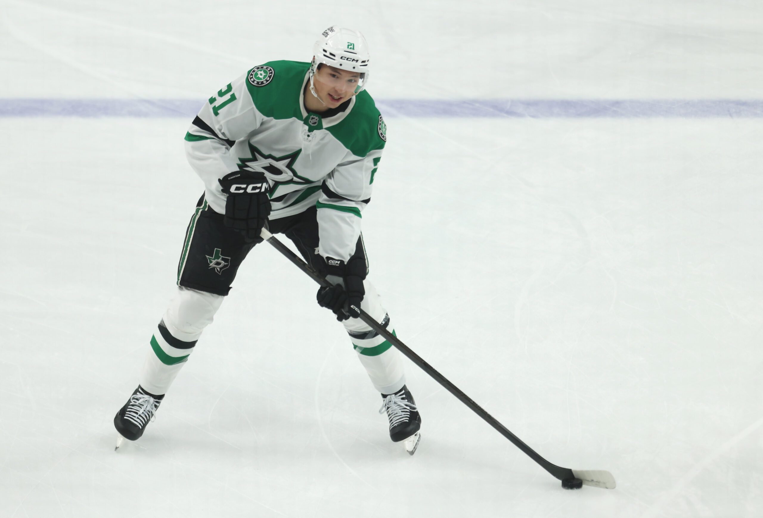 Mar 28, 2026; Pittsburgh, Pennsylvania, USA;  Dallas Stars left wing Jason Robertson (21) warms up before the game against the Pittsburgh Penguins at PPG Paints Arena. Mandatory Credit: Charles LeClaire-Imagn Images
