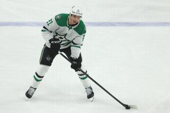 Mar 28, 2026; Pittsburgh, Pennsylvania, USA;  Dallas Stars left wing Jason Robertson (21) warms up before the game against the Pittsburgh Penguins at PPG Paints Arena. Mandatory Credit: Charles LeClaire-Imagn Images