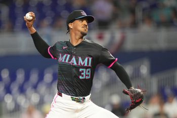 Mar 28, 2026; Miami, Florida, USA;  Miami Marlins starting pitcher Eury Perez (39) pitches against the Colorado Rockies in the first inning at loanDepot Park. Mandatory Credit: Jim Rassol-Imagn Images