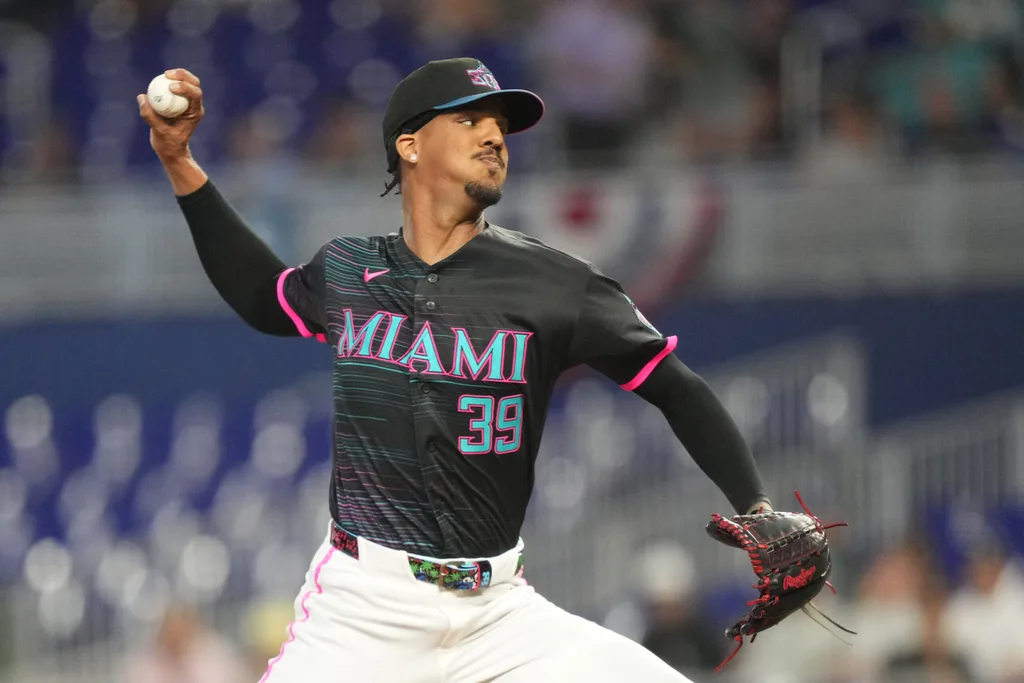 Mar 28, 2026; Miami, Florida, USA; Miami Marlins starting pitcher Eury Perez (39) pitches against the Colorado Rockies in the first inning at loanDepot Park. Mandatory Credit: Jim Rassol-Imagn Images