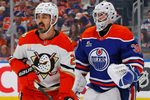 Mar 28, 2026; Edmonton, Alberta, CAN; Anaheim Ducks forward Chris Kreider (20) tries to screen Edmonton Oilers goaltender Connor Ingram (39) during the second period at Rogers Place. Mandatory Credit: Perry Nelson-Imagn Images