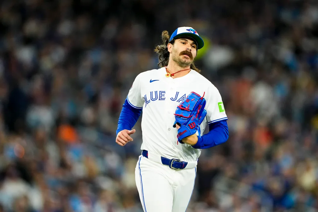 Mar 28, 2026; Toronto, Ontario, CAN; Toronto Blue Jays pitcher Dylan Cease (84) looks on against the Athletics during the third inning at Rogers Centre. Mandatory Credit: Kevin Sousa-Imagn Images