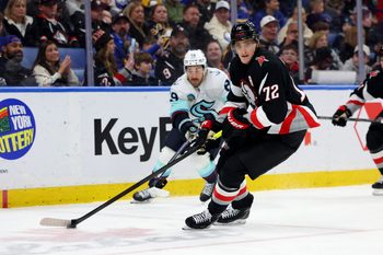 Mar 28, 2026; Buffalo, New York, USA;  Buffalo Sabres center Tage Thompson (72) skates with the puck during the third period against the Seattle Kraken at KeyBank Center. Mandatory Credit: Timothy T. Ludwig-Imagn Images
