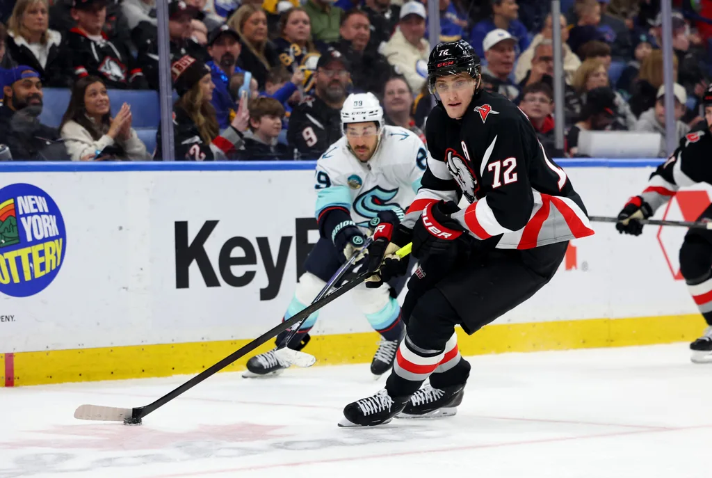 Mar 28, 2026; Buffalo, New York, USA; Buffalo Sabres center Tage Thompson (72) skates with the puck during the third period against the Seattle Kraken at KeyBank Center. Mandatory Credit: Timothy T. Ludwig-Imagn Images