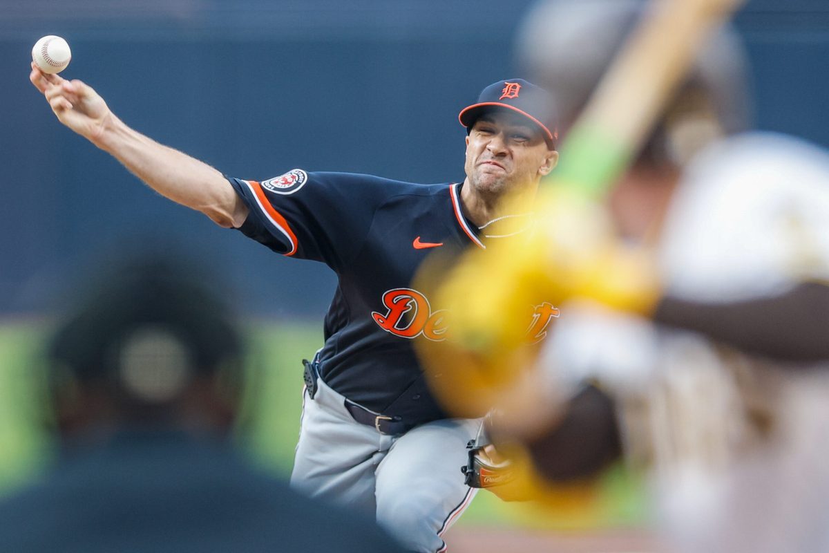 Mar 28, 2026; San Diego, California, USA; Detroit Tigers starting pitcher Jack Flaherty (9) throws a pitch during the first inning against the San Diego Padres at Petco Park. Mandatory Credit: David Frerker-Imagn Images