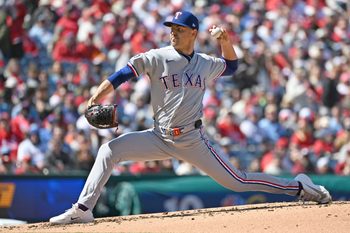 Mar 29, 2026; Philadelphia, Pennsylvania, USA; Texas Rangers pitcher MacKenzie Gore (1) throws a pitch against the Philadelphia Phillies during the second inning at Citizens Bank Park. Mandatory Credit: Eric Hartline-Imagn Images