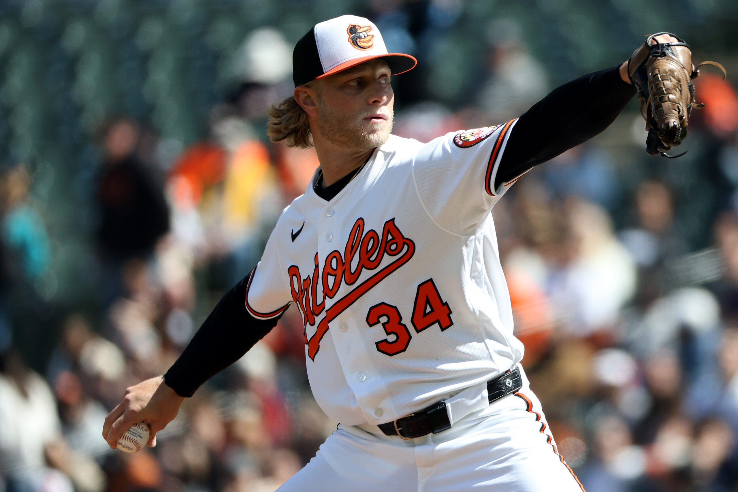 Mar 29, 2026; Baltimore, Maryland, USA; Baltimore Orioles pitcher Shane Baz (34) throws during the first inning against the Minnesota Twins at Oriole Park at Camden Yards. Mandatory Credit: Daniel Kucin Jr.-Imagn Images