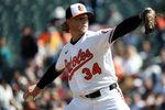 Mar 29, 2026; Baltimore, Maryland, USA; Baltimore Orioles pitcher Shane Baz (34) throws during the first inning against the Minnesota Twins at Oriole Park at Camden Yards. Mandatory Credit: Daniel Kucin Jr.-Imagn Images