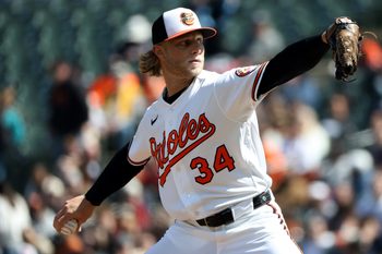 Mar 29, 2026; Baltimore, Maryland, USA; Baltimore Orioles pitcher Shane Baz (34) throws during the first inning against the Minnesota Twins at Oriole Park at Camden Yards. Mandatory Credit: Daniel Kucin Jr.-Imagn Images