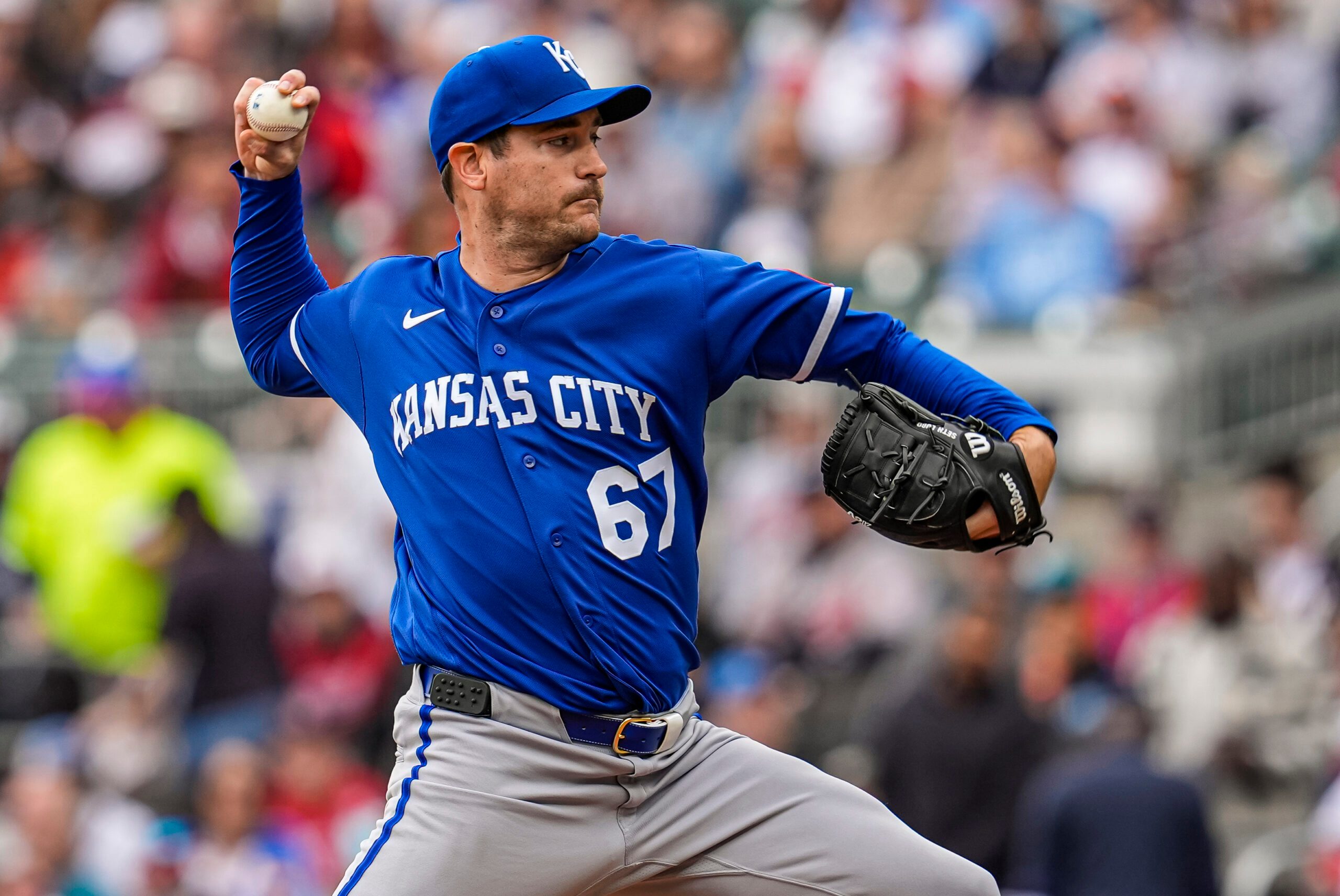 Mar 29, 2026; Cumberland, Georgia, USA; Kansas City Royals pitcher Seth Lugo (67) pitches against the Atlanta Braves during the first inning at Truist Park. Mandatory Credit: Dale Zanine-Imagn Images