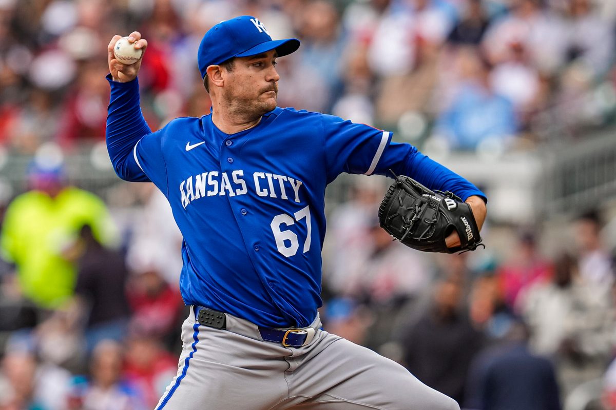 Mar 29, 2026; Cumberland, Georgia, USA; Kansas City Royals pitcher Seth Lugo (67) pitches against the Atlanta Braves during the first inning at Truist Park. Mandatory Credit: Dale Zanine-Imagn Images