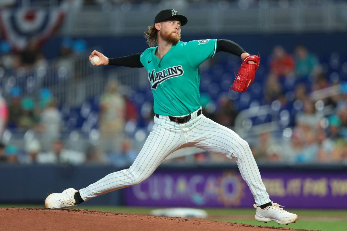 Mar 29, 2026; Miami, Florida, USA; Miami Marlins starting pitcher Max Meyer (23) delivers a pitch against the Colorado Rockies during the first inning at loanDepot Park. Mandatory Credit: Sam Navarro-Imagn Images