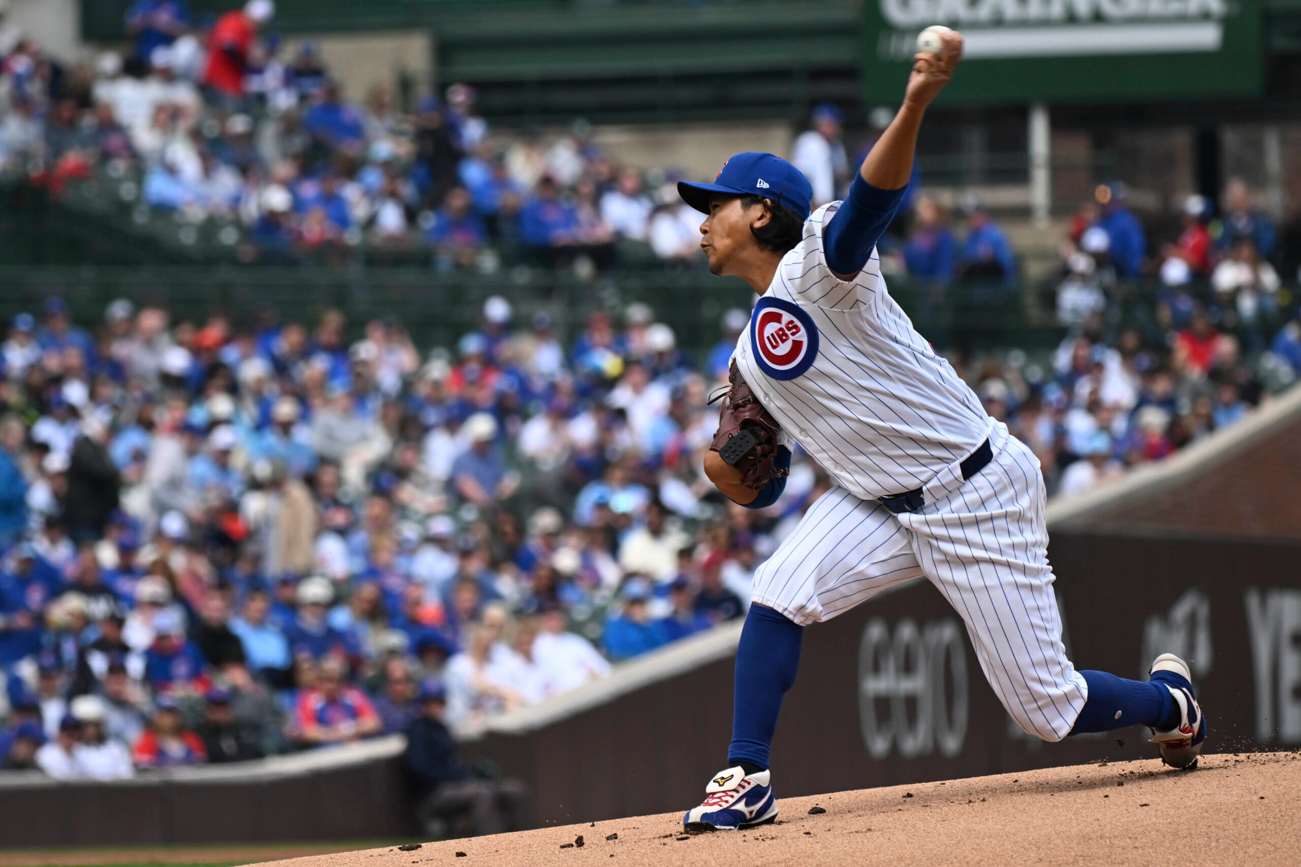 Mar 29, 2026; Chicago, Illinois, USA;  Chicago Cubs pitcher Shota Imanaga (18) delivers during the first inning against the Washington Nationals at Wrigley Field. Mandatory Credit: Matt Marton-Imagn Images