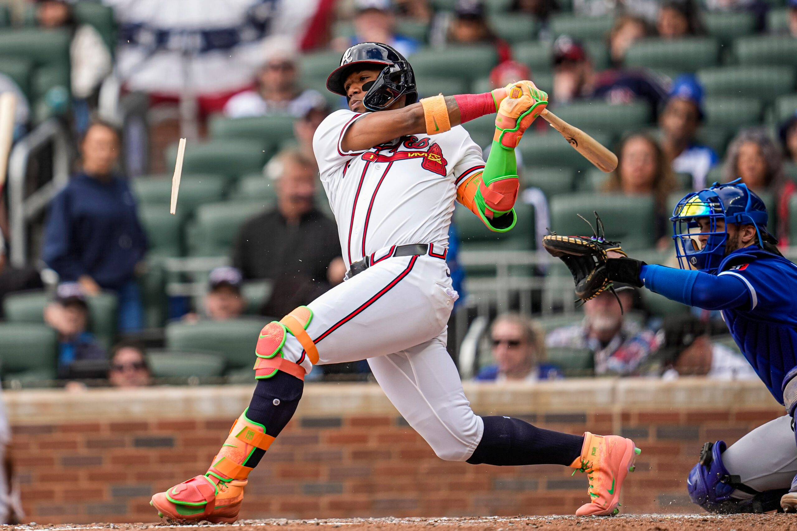 Mar 29, 2026; Cumberland, Georgia, USA; Atlanta Braves right fielder Ronald Acuna Jr. (13) breaks his bat while grounding out against the Kansas City Royals during the eighth inning at Truist Park. Mandatory Credit: Dale Zanine-Imagn Images