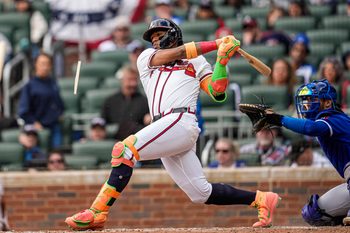 Mar 29, 2026; Cumberland, Georgia, USA; Atlanta Braves right fielder Ronald Acuna Jr. (13) breaks his bat while grounding out against the Kansas City Royals during the eighth inning at Truist Park. Mandatory Credit: Dale Zanine-Imagn Images