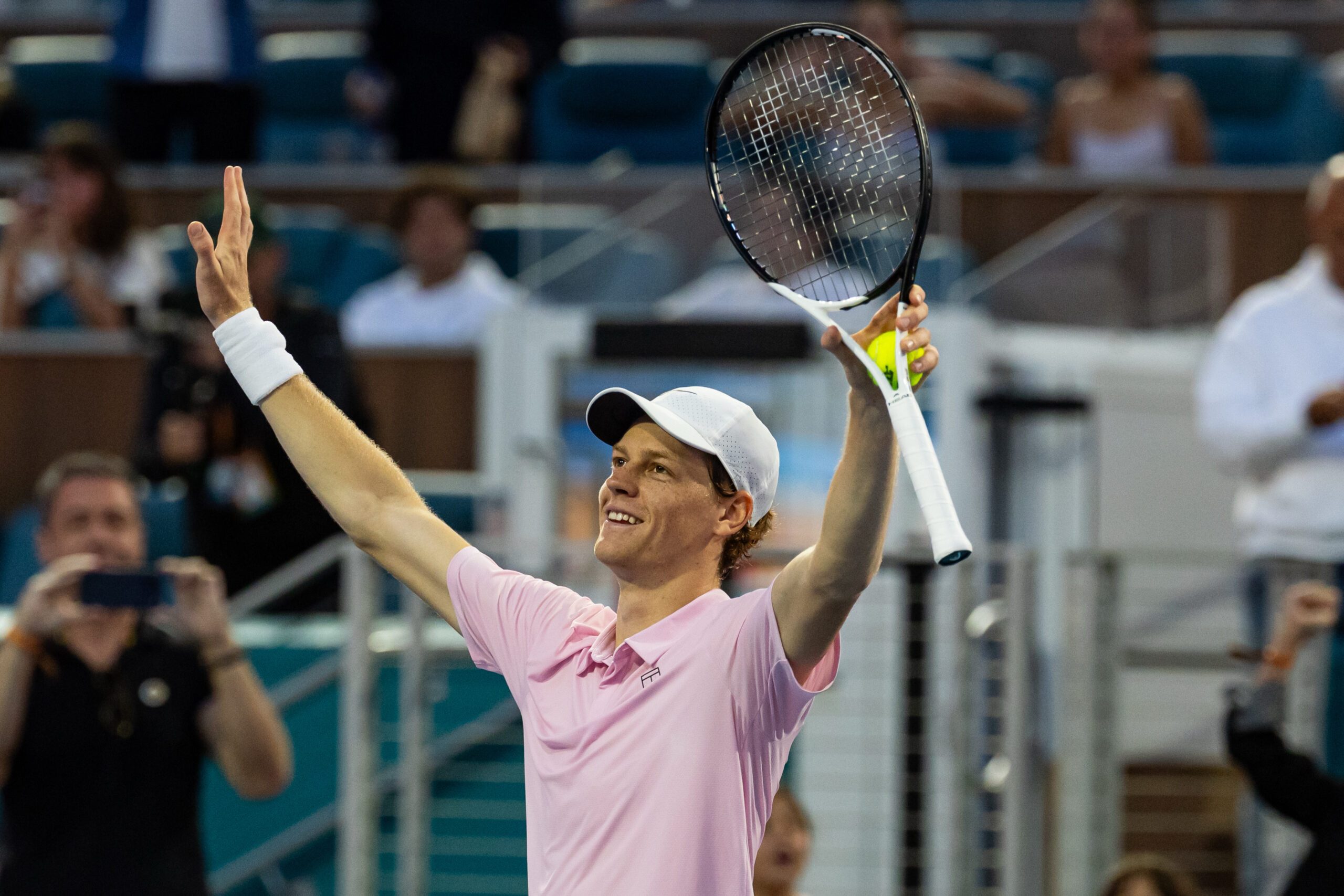 Mar 29, 2026; Miami Gardens, FL, USA; Jannik Sinner of Italy celebrates his victory over Jiri Lehecka of the Czech Republic in the final of the men’s singles at the Miami Open at the Hard Rock Stadium. Mandatory Credit: Mike Frey-Imagn Images