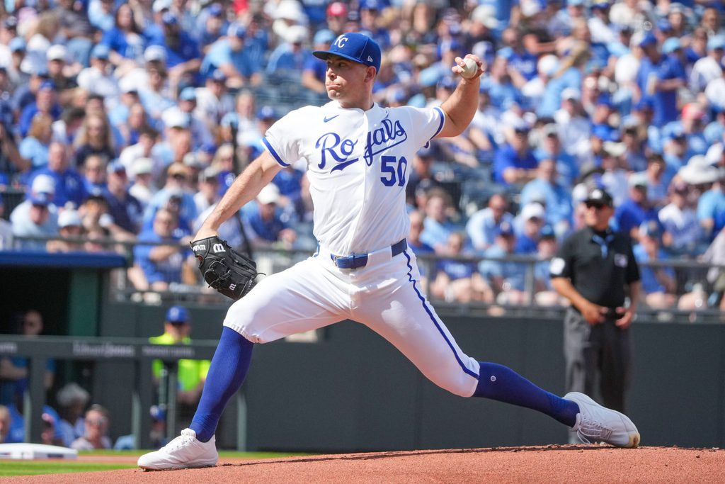 Mar 30, 2026; Kansas City, Missouri, USA; Kansas City Royals starting pitcher Kris Bubic (50) delivers a pitch against the Minnesota Twins during the first inning at Kauffman Stadium. Mandatory Credit: Denny Medley-Imagn Images