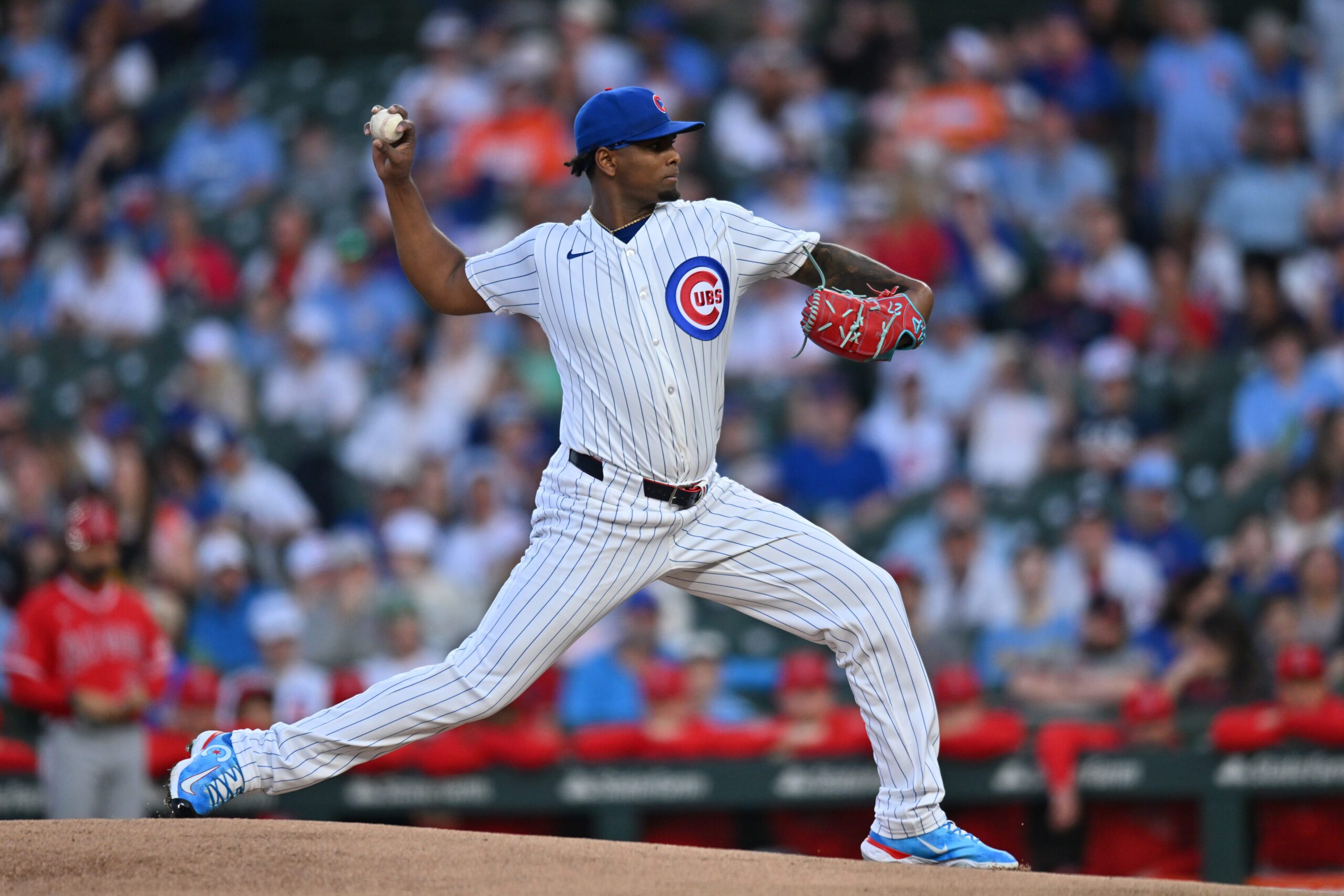 Mar 30, 2026; Chicago, Illinois, USA; Chicago Cubs pitcher Edward Cabrera (30) pitches against the Los Angeles Angels during the first inning at Wrigley Field. Mandatory Credit: Patrick Gorski-Imagn Images