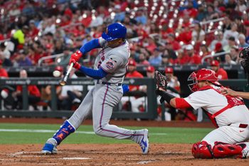 Mar 30, 2026; St. Louis, Missouri, USA; New York Mets left fielder Juan Soto (22) hits a single against the St. Louis Cardinals during the third inning at Busch Stadium. Mandatory Credit: Jeff Curry-Imagn Images