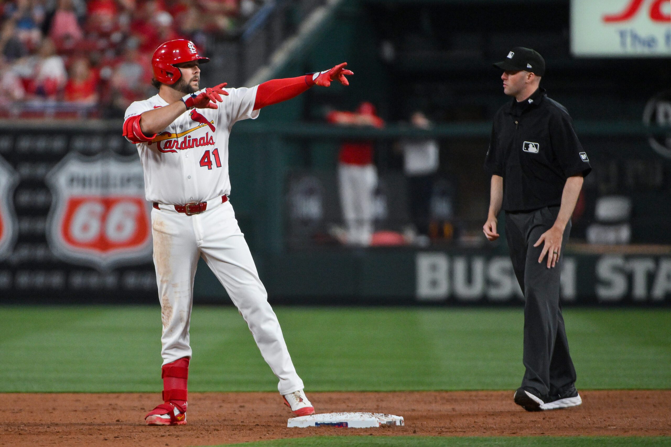 Mar 30, 2026; St. Louis, Missouri, USA; St. Louis Cardinals first baseman Alec Burleson (41) reacts after hitting a double against the New York Mets during the third inning at Busch Stadium. Mandatory Credit: Jeff Curry-Imagn Images