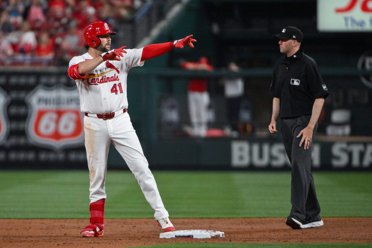 Mar 30, 2026; St. Louis, Missouri, USA; St. Louis Cardinals first baseman Alec Burleson (41) reacts after hitting a double against the New York Mets during the third inning at Busch Stadium. Mandatory Credit: Jeff Curry-Imagn Images