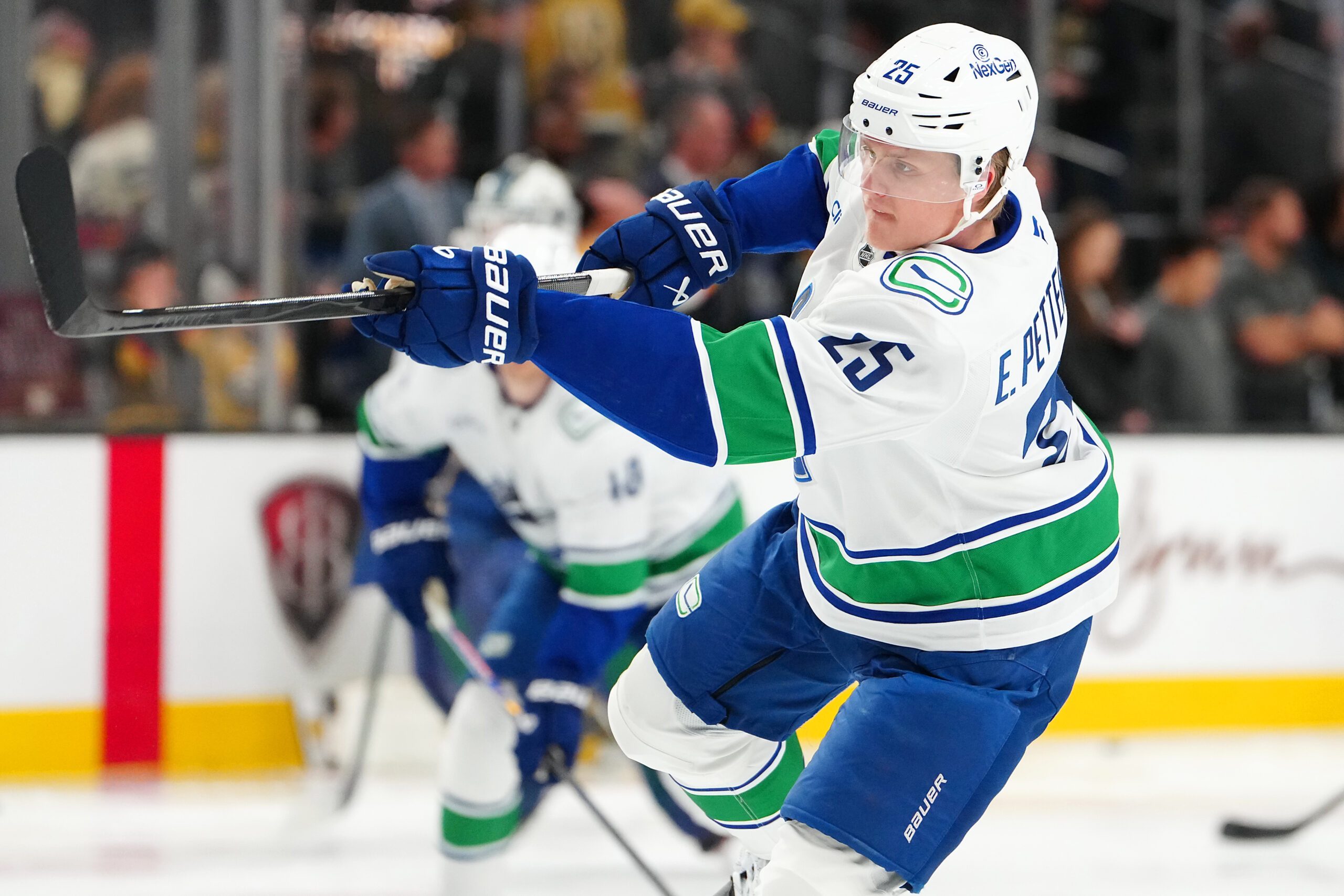 Mar 30, 2026; Las Vegas, Nevada, USA; Vancouver Canucks defenseman Elias Pettersson (25) warms up before a game against the Vegas Golden Knights at T-Mobile Arena. Mandatory Credit: Stephen R. Sylvanie-Imagn Images