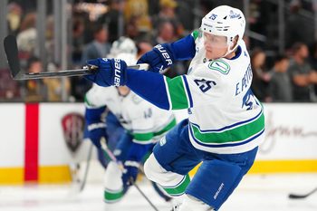 Mar 30, 2026; Las Vegas, Nevada, USA; Vancouver Canucks defenseman Elias Pettersson (25) warms up before a game against the Vegas Golden Knights at T-Mobile Arena. Mandatory Credit: Stephen R. Sylvanie-Imagn Images